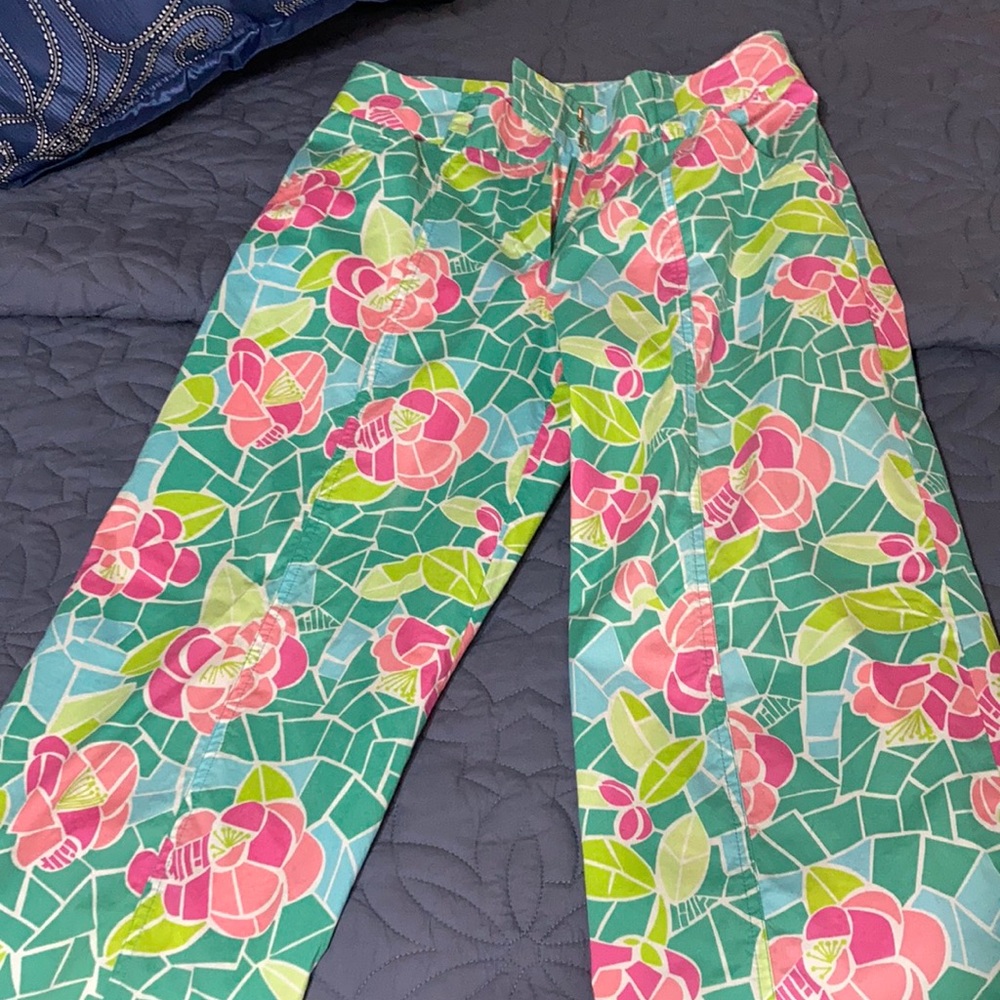 Lilly Pulitzer Teal Floral Boot Cut Pants with Pink & Green